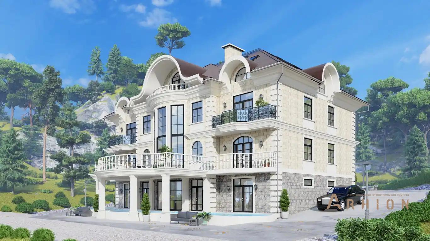 7. Проект двухэтажного дома в классическом стиле с многоскатной кровлей, H-1413, площадью - 1120 кв c цокольным этажом, мансардой, сауной, балконом, бассейном, эркером