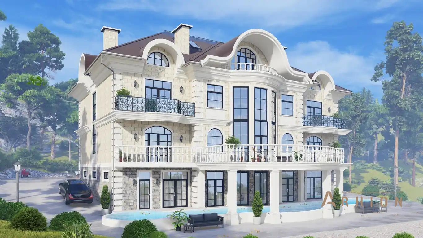 2. Проект двухэтажного дома в классическом стиле с многоскатной кровлей, H-1413, площадью - 1120 кв c цокольным этажом, мансардой, сауной, балконом, бассейном, эркером