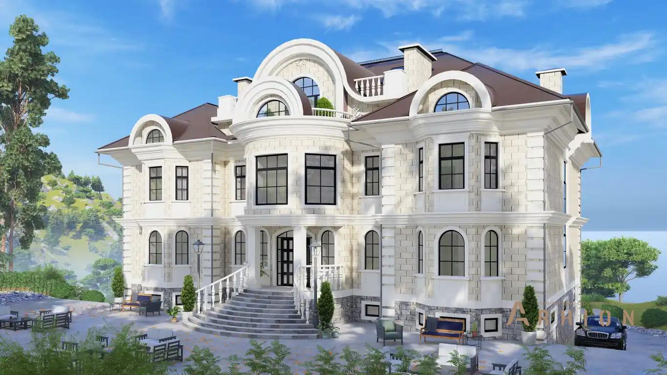 5. Проект двухэтажного дома в классическом стиле с многоскатной кровлей, H-1413, площадью - 1120 кв c цокольным этажом, мансардой, сауной, балконом, бассейном, эркером