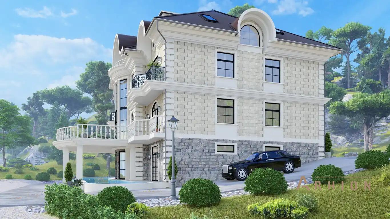 4. Проект двухэтажного дома в классическом стиле с многоскатной кровлей, H-1413, площадью - 1120 кв c цокольным этажом, мансардой, сауной, балконом, бассейном, эркером