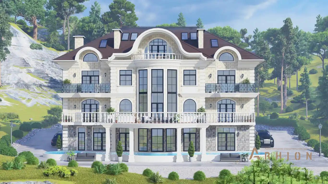 3. Проект двухэтажного дома в классическом стиле с многоскатной кровлей, H-1413, площадью - 1120 кв c цокольным этажом, мансардой, сауной, балконом, бассейном, эркером