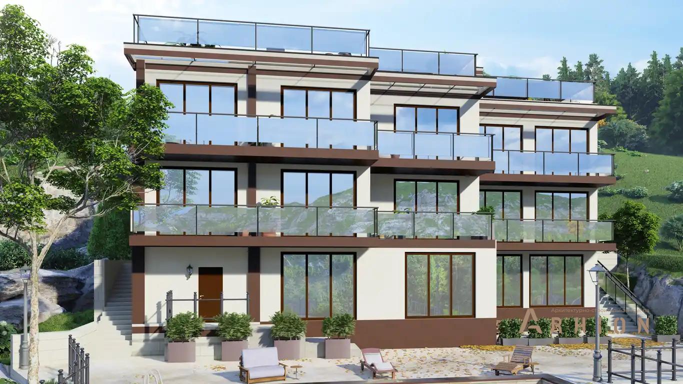 1. Проект двухэтажного дома в стиле хай-тек с плоской кровлей , H-1414, площадью - 744 кв c цокольным этажом, терассой, балконом