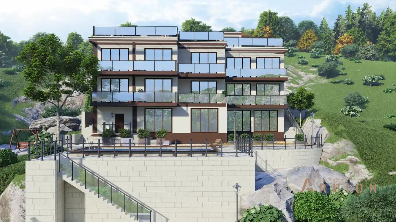 6. Проект двухэтажного дома в стиле хай-тек с плоской кровлей , H-1414, площадью - 744 кв c цокольным этажом, терассой, балконом