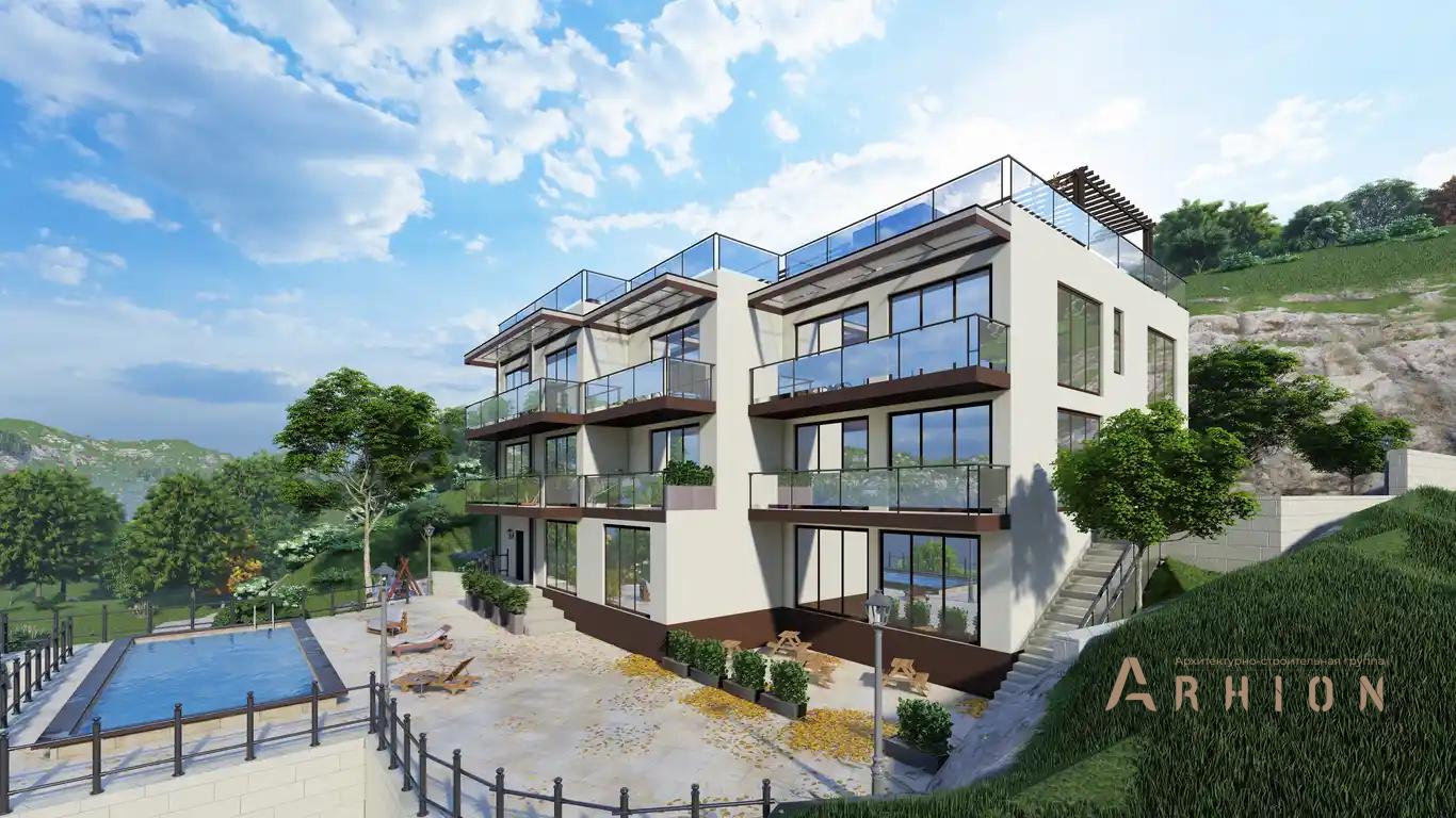 5. Проект двухэтажного дома в стиле хай-тек с плоской кровлей , H-1414, площадью - 744 кв c цокольным этажом, терассой, балконом