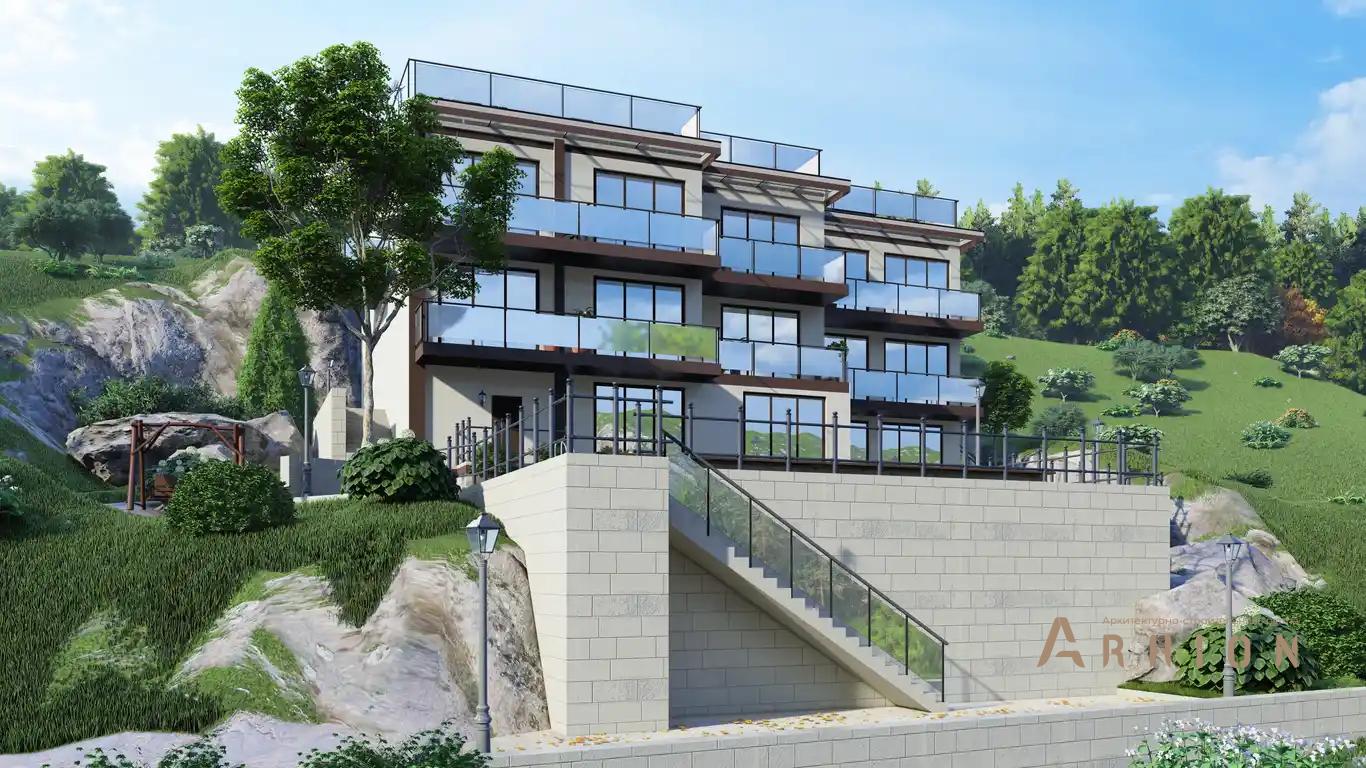 4. Проект двухэтажного дома в стиле хай-тек с плоской кровлей , H-1414, площадью - 744 кв c цокольным этажом, терассой, балконом