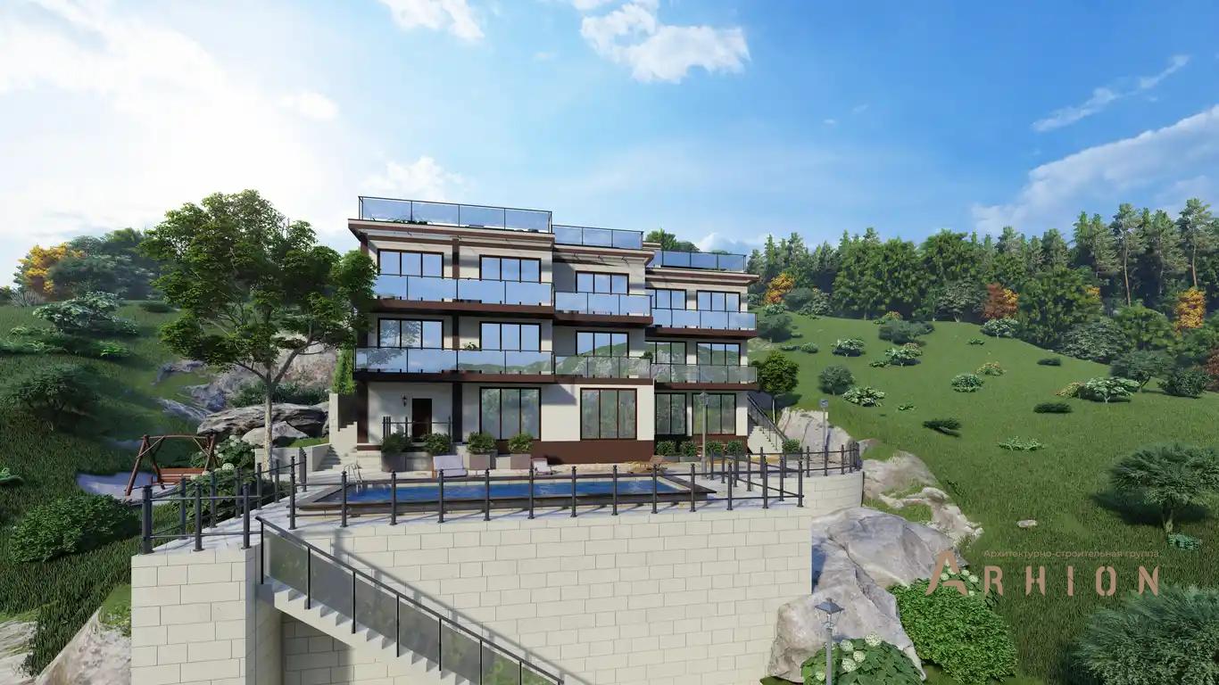 3. Проект двухэтажного дома в стиле хай-тек с плоской кровлей , H-1414, площадью - 744 кв c цокольным этажом, терассой, балконом