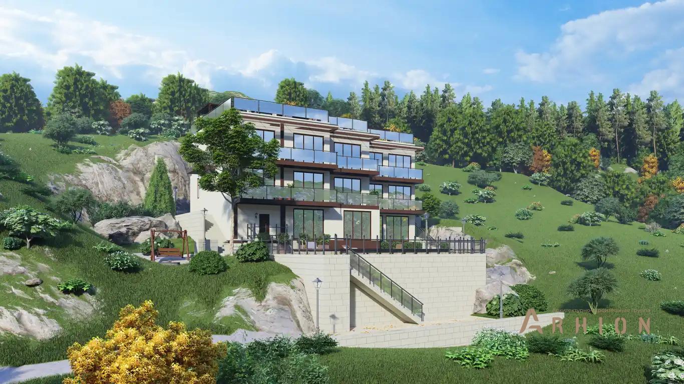 2. Проект двухэтажного дома в стиле хай-тек с плоской кровлей , H-1414, площадью - 744 кв c цокольным этажом, терассой, балконом