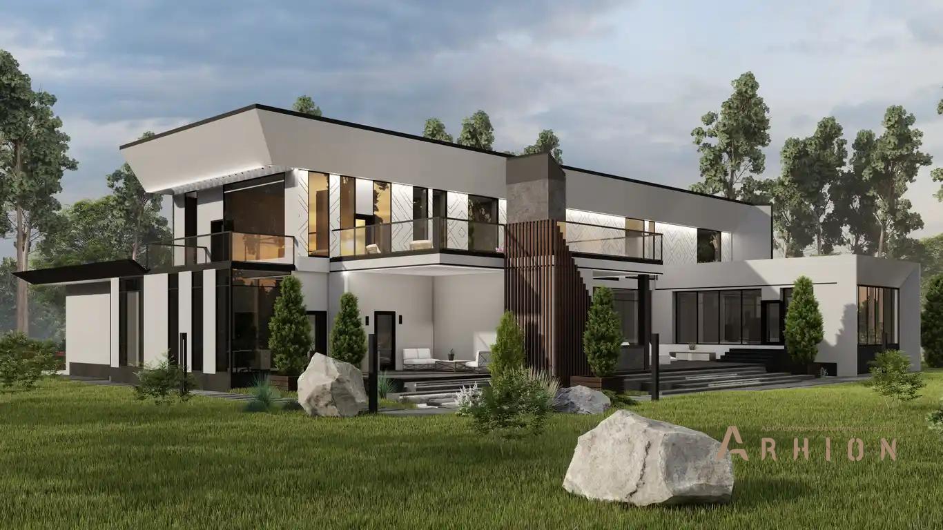 6. Проект двухэтажного дома в стиле хай-тек с плоской кровлей , H-1419, площадью - 828 кв c терассой, балконом, гаражом, бассейном