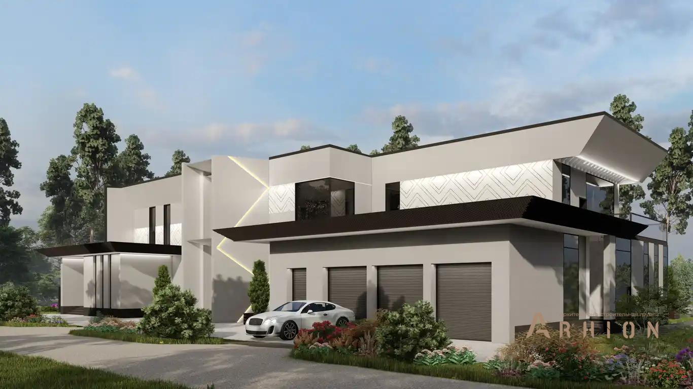 5. Проект двухэтажного дома в стиле хай-тек с плоской кровлей , H-1419, площадью - 828 кв c терассой, балконом, гаражом, бассейном