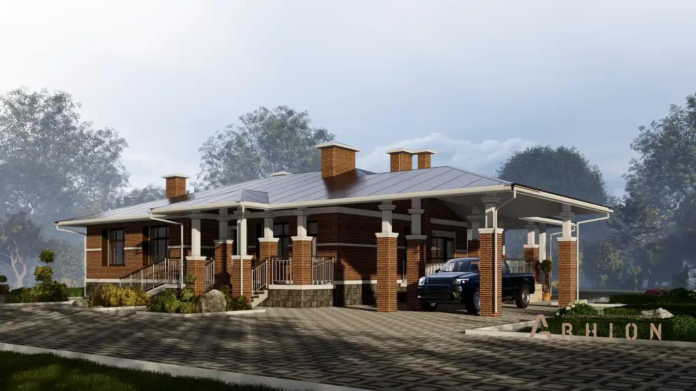 1. Проект одноэтажного дома в стиле Ллойда Райта (прерий) с многоскатной кровлей, H-1501, площадью - 191 кв c терассой, гаражом