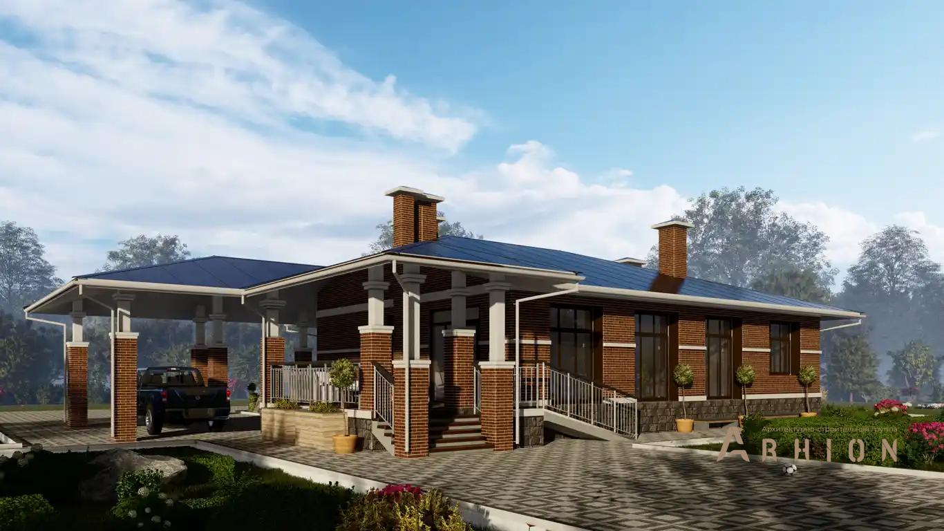 6. Проект одноэтажного дома в стиле Ллойда Райта (прерий) с многоскатной кровлей, H-1501, площадью - 191 кв c терассой, гаражом