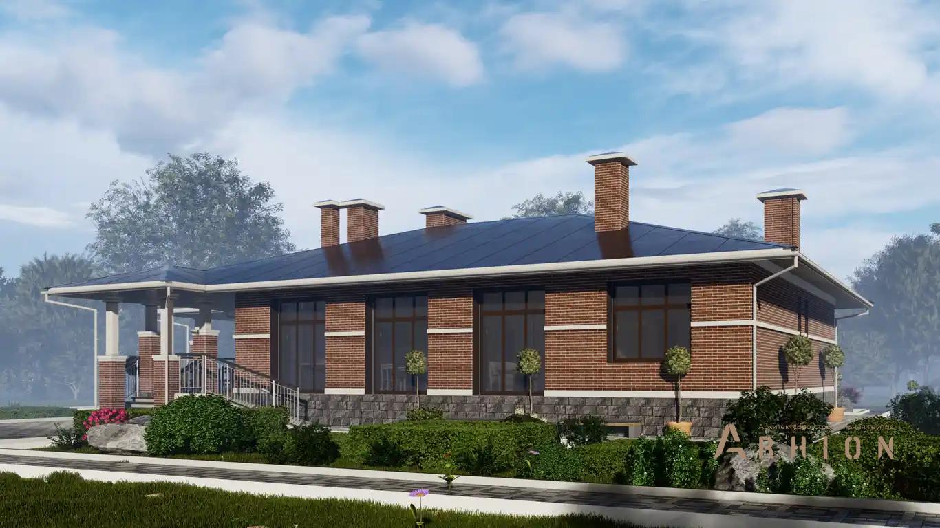 5. Проект одноэтажного дома в стиле Ллойда Райта (прерий) с многоскатной кровлей, H-1501, площадью - 191 кв c терассой, гаражом