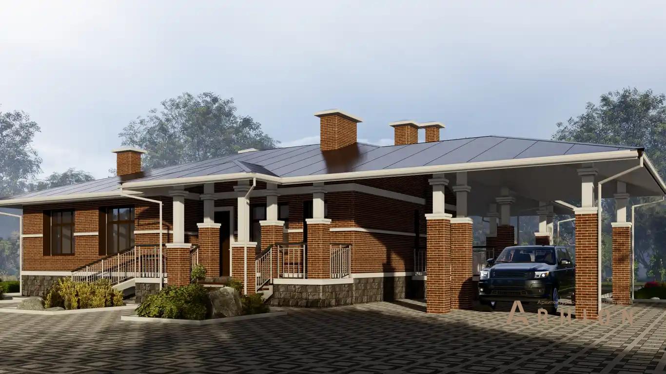 4. Проект одноэтажного дома в стиле Ллойда Райта (прерий) с многоскатной кровлей, H-1501, площадью - 191 кв c терассой, гаражом