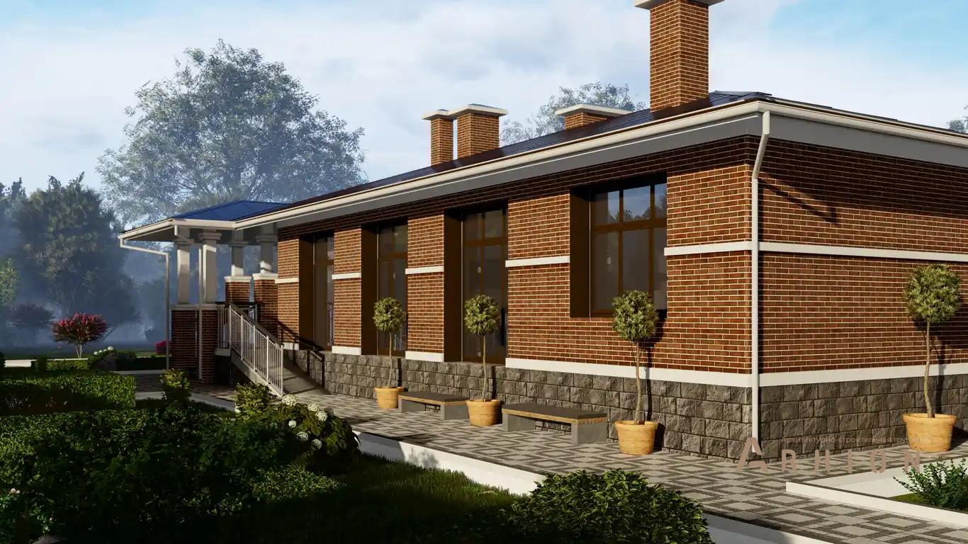 8. Проект одноэтажного дома в стиле Ллойда Райта (прерий) с многоскатной кровлей, H-1501, площадью - 191 кв c терассой, гаражом