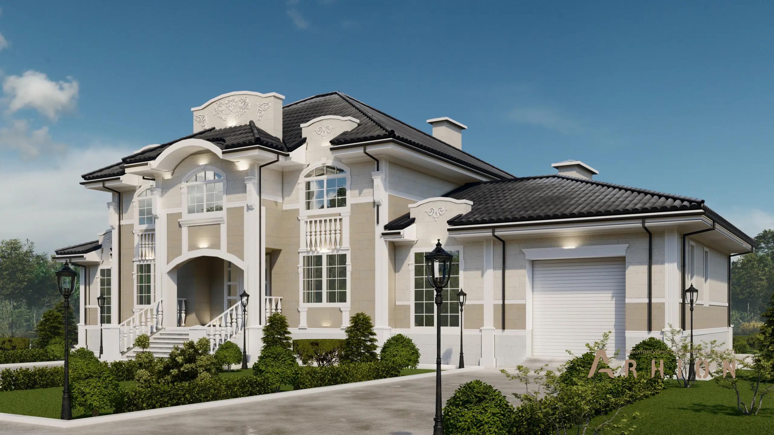 2. Проект двухэтажного дома в классическом стиле с многоскатной кровлей, H-1502, площадью - 411 кв c сауной, терассой, гаражом, бассейном