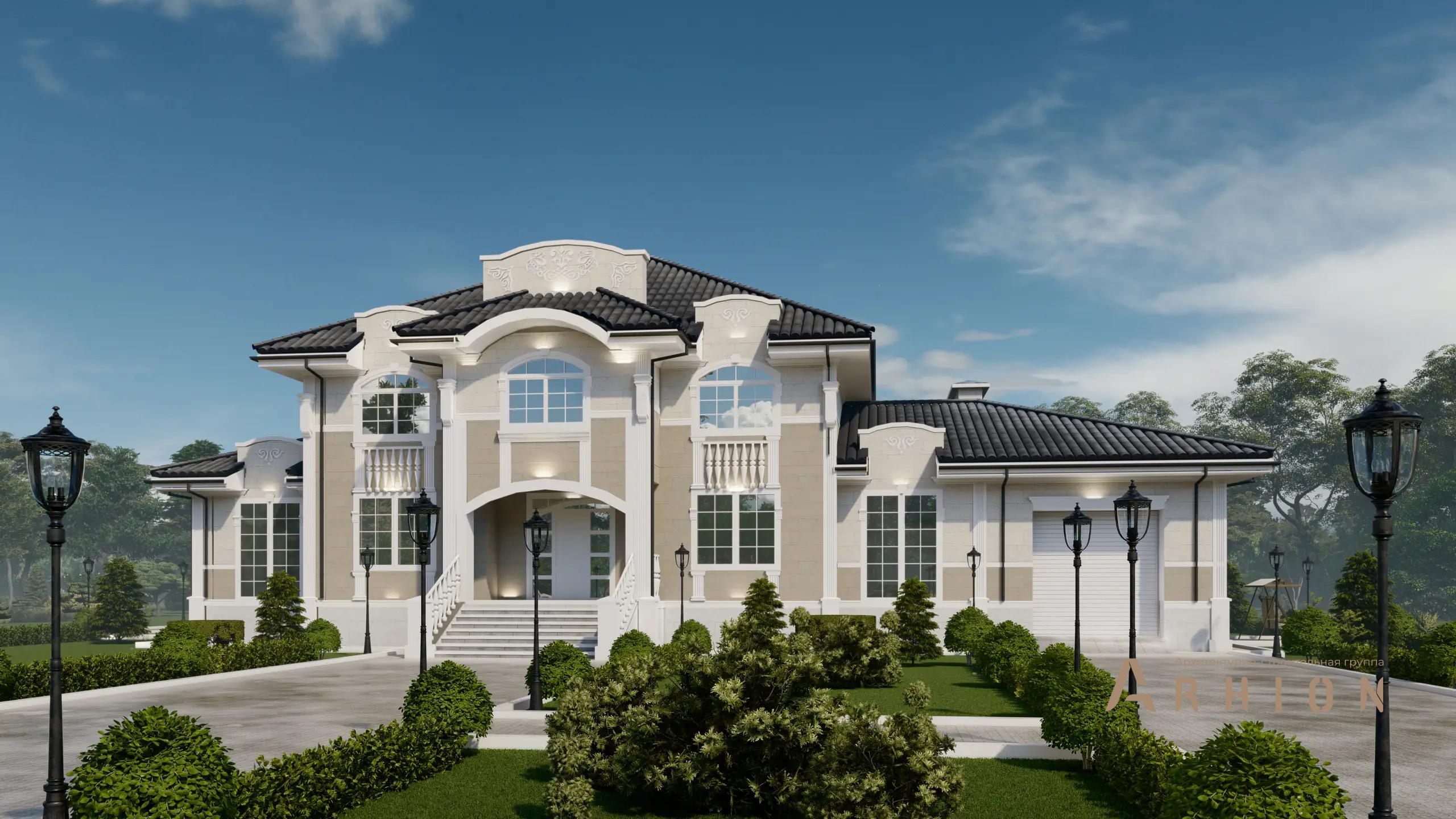 4. Проект двухэтажного дома в классическом стиле с многоскатной кровлей, H-1502, площадью - 411 кв c сауной, терассой, гаражом, бассейном