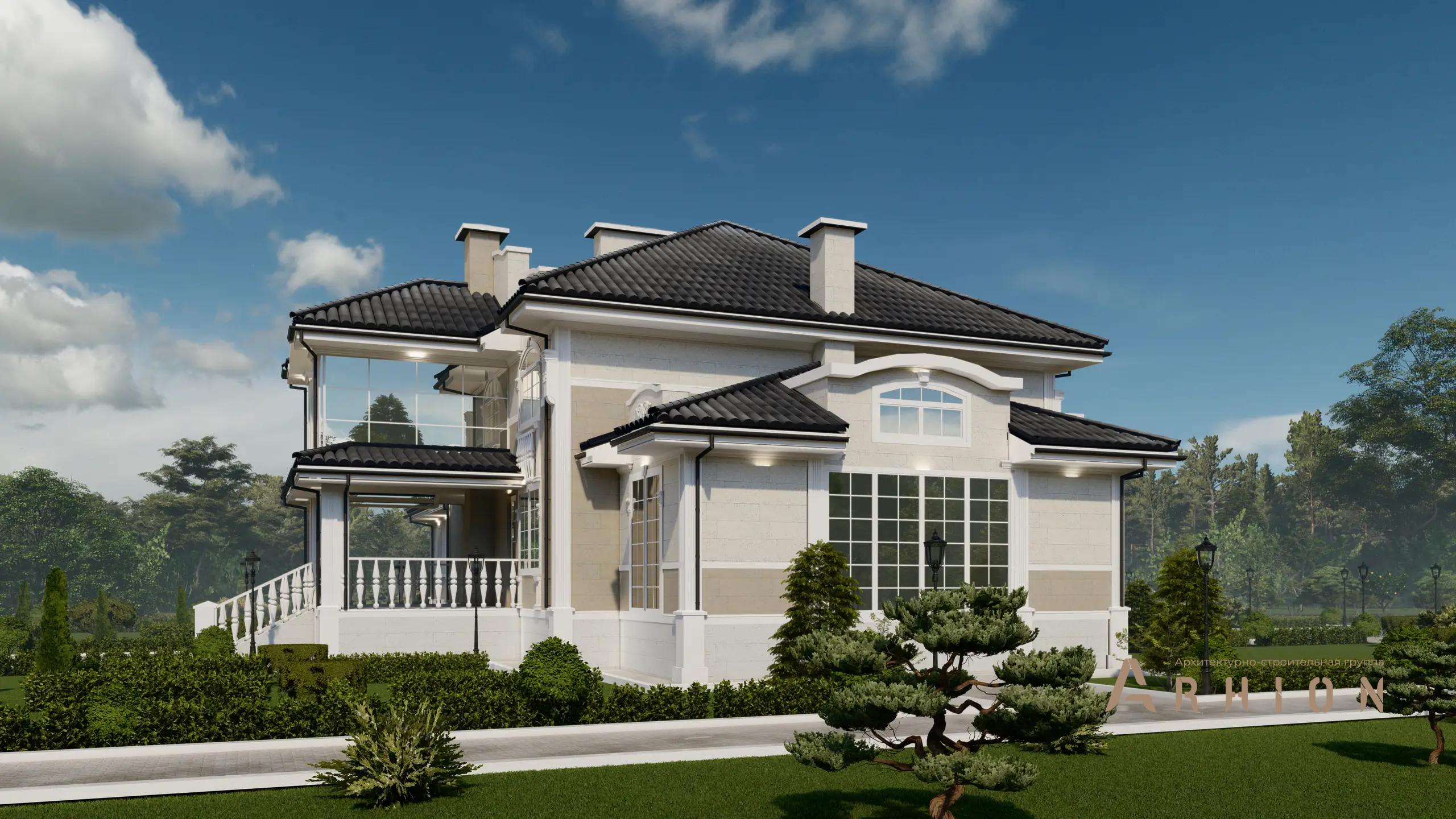 3. Проект двухэтажного дома в классическом стиле с многоскатной кровлей, H-1502, площадью - 411 кв c сауной, терассой, гаражом, бассейном