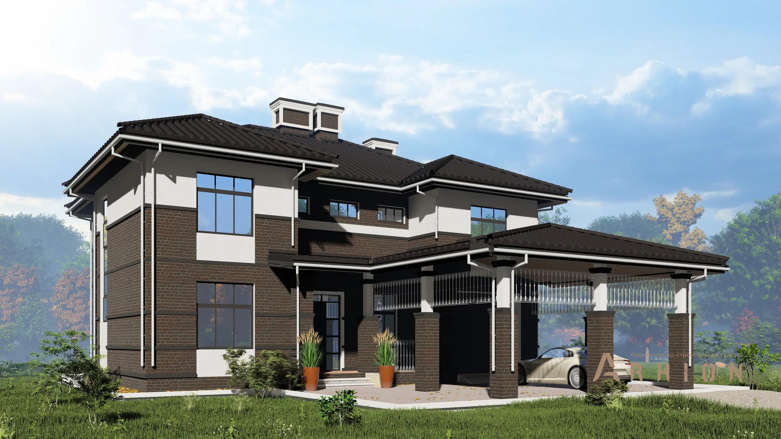 1. Проект двухэтажного дома в современном стиле с многоскатной кровлей, H-1503, площадью - 290 кв c терассой, гаражом