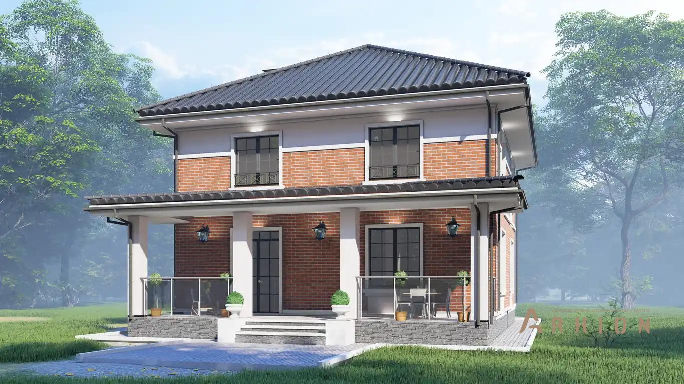 6. Проект двухэтажного дома в европейском стиле с четырехскатной, H-1504, площадью - 202 кв c терассой