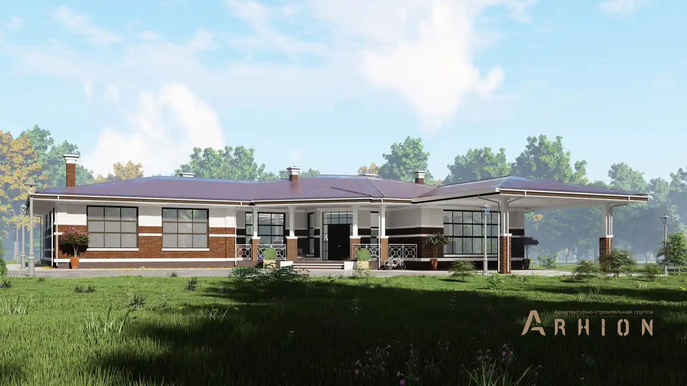 1. Проект одноэтажного дома в американском стиле с многоскатной кровлей, H-1505, площадью - 488 кв c терассой