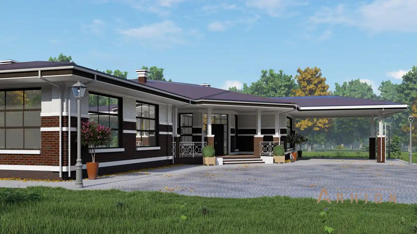 7. Проект одноэтажного дома в американском стиле с многоскатной кровлей, H-1505, площадью - 488 кв c терассой