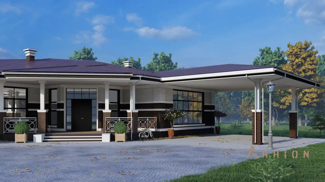 5. Проект одноэтажного дома в американском стиле с многоскатной кровлей, H-1505, площадью - 488 кв c терассой