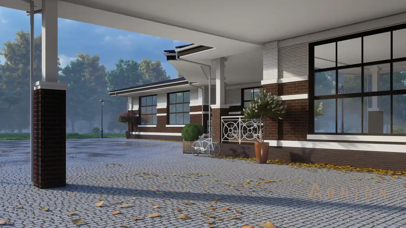 4. Проект одноэтажного дома в американском стиле с многоскатной кровлей, H-1505, площадью - 488 кв c терассой