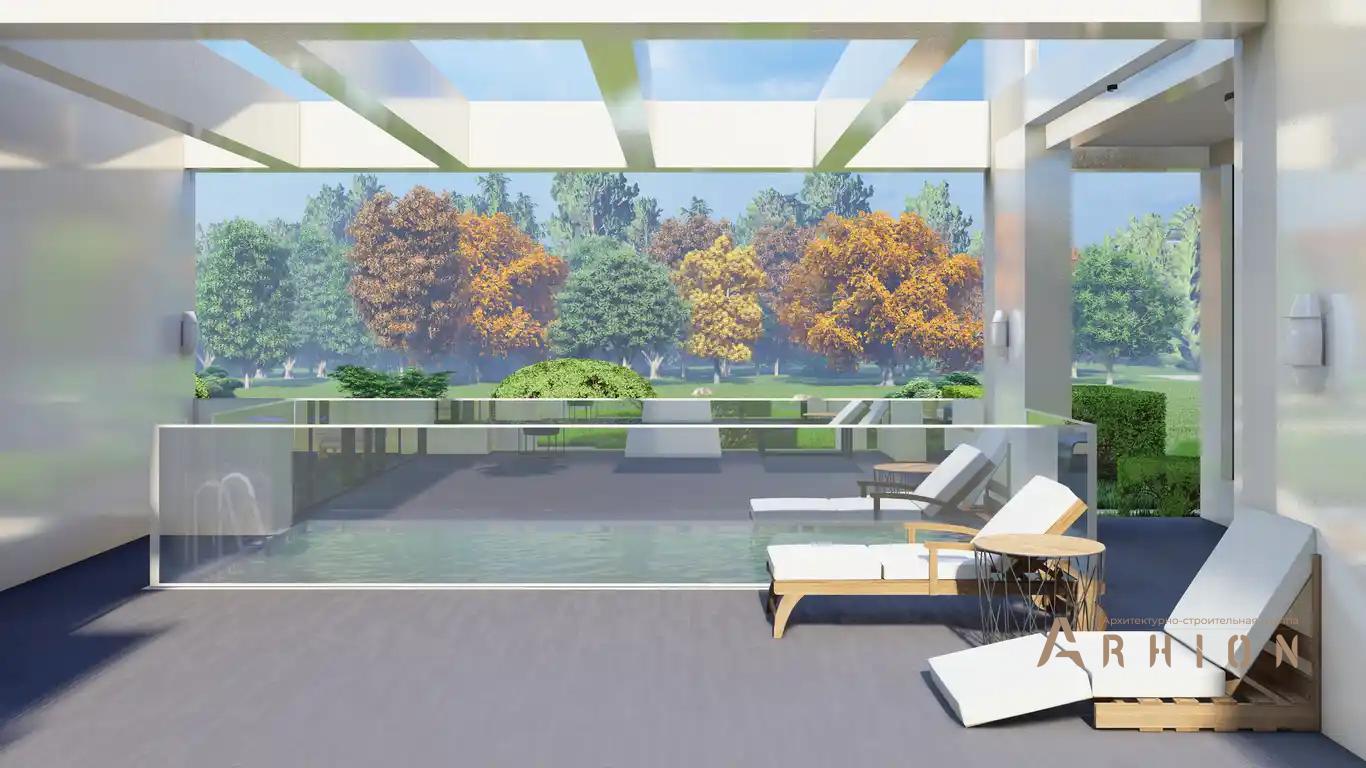 5. Проект двухэтажного дома в стиле хай-тек с плоской кровлей , H-1506, площадью - 730 кв c сауной, терассой, балконом, бассейном, вторым светом