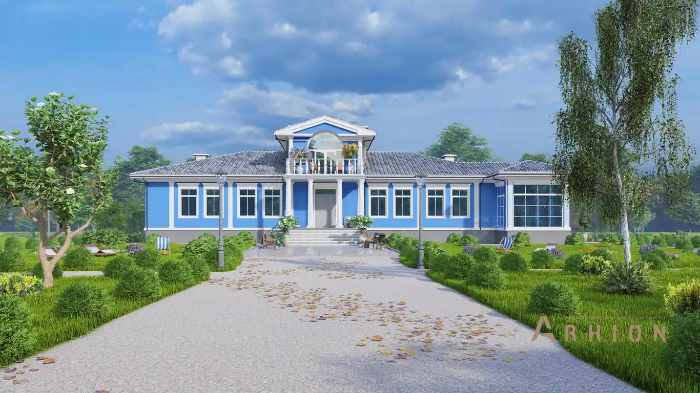 1. Проект одноэтажного дома в классическом стиле с многоскатной кровлей, H-1510, площадью - 378 кв c мансардой, терассой, балконом