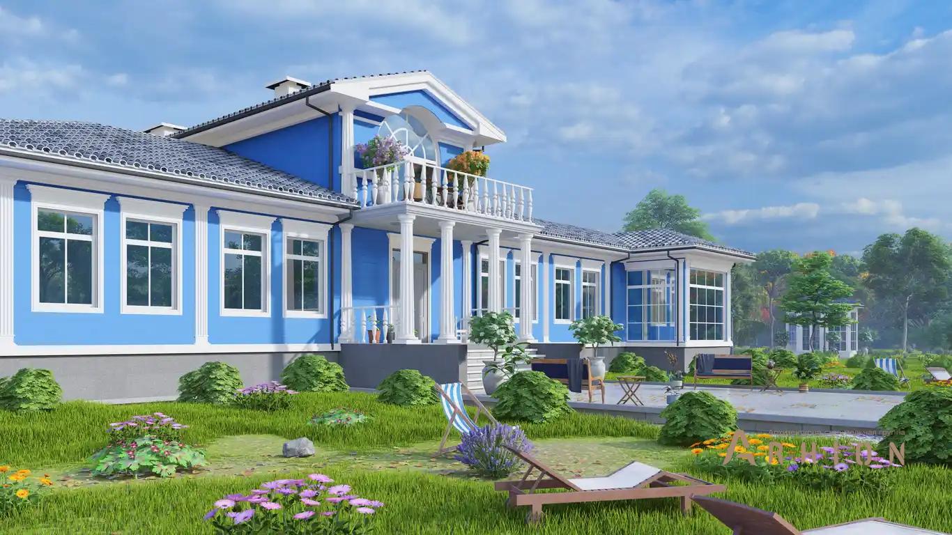 9. Проект одноэтажного дома в классическом стиле с многоскатной кровлей, H-1510, площадью - 378 кв c мансардой, терассой, балконом