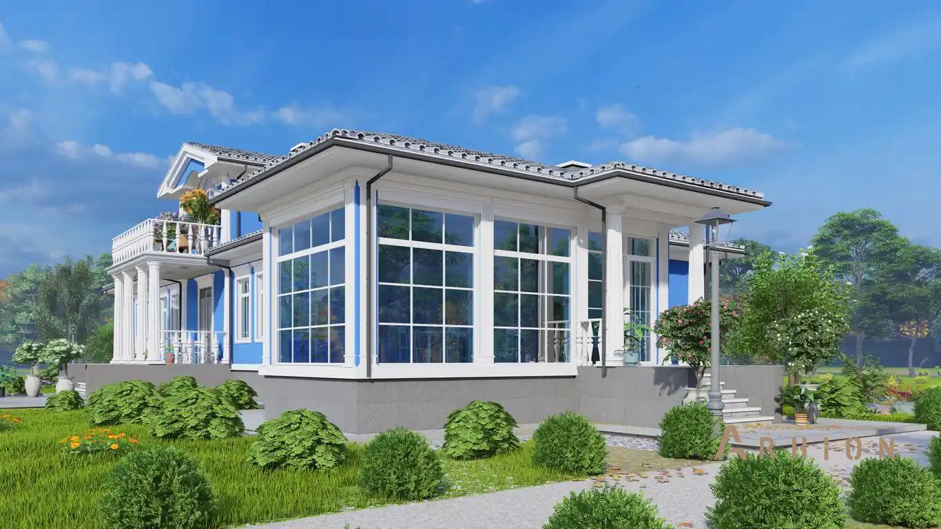 5. Проект одноэтажного дома в классическом стиле с многоскатной кровлей, H-1510, площадью - 378 кв c мансардой, терассой, балконом