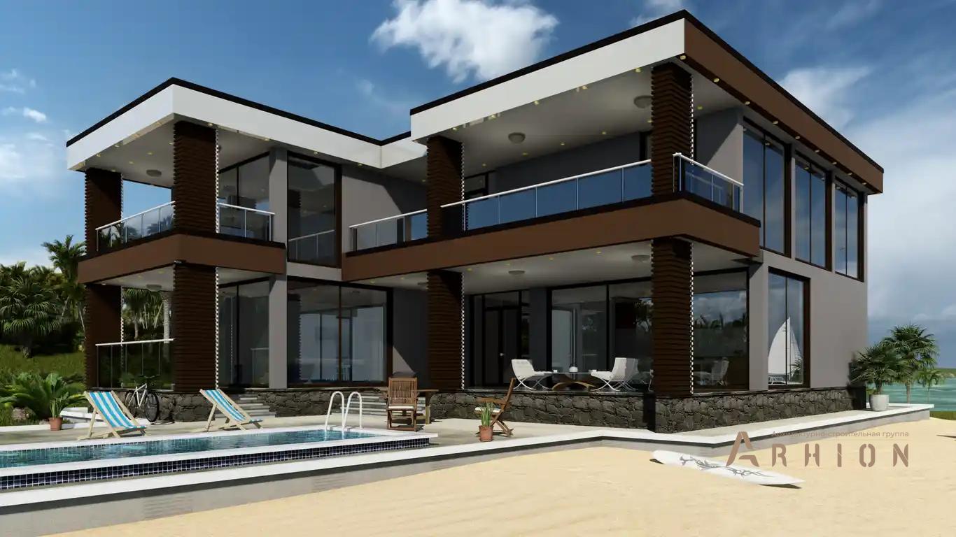 6. Проект двухэтажного дома в стиле хай-тек с плоской кровлей , H-1511, площадью - 435 кв c терассой, балконом