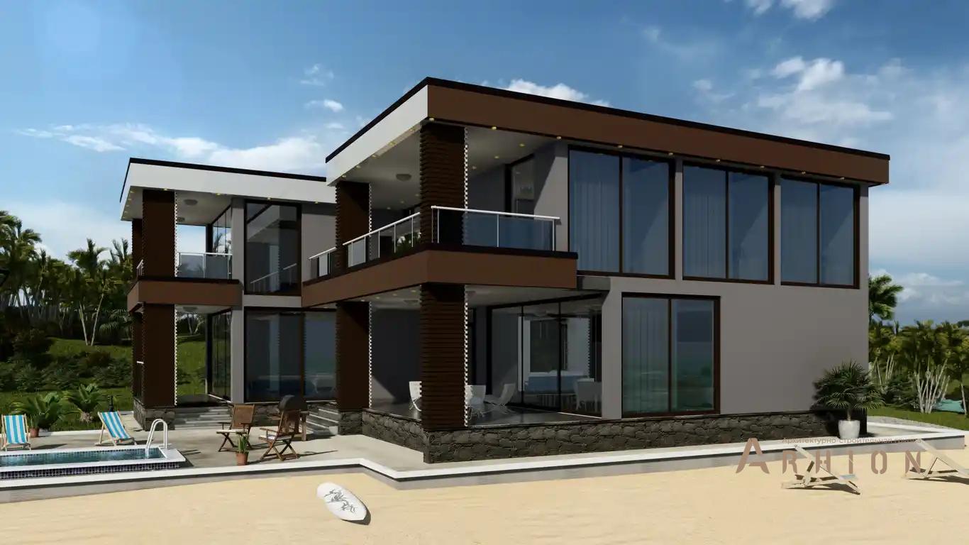 8. Проект двухэтажного дома в стиле хай-тек с плоской кровлей , H-1511, площадью - 435 кв c терассой, балконом