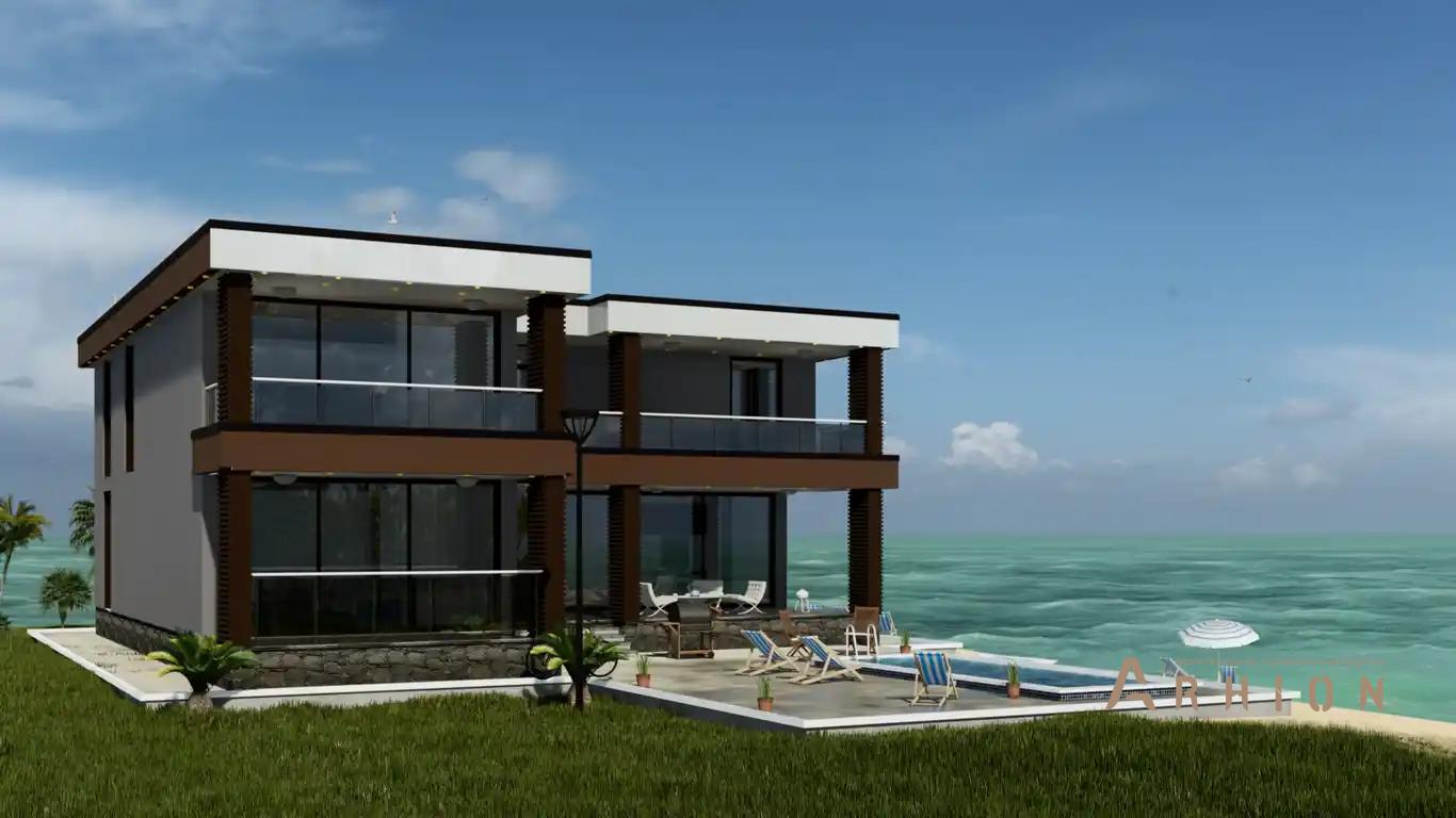 2. Проект двухэтажного дома в стиле хай-тек с плоской кровлей , H-1511, площадью - 435 кв c терассой, балконом