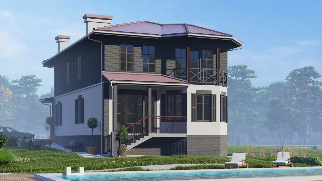 9. Проект двухэтажного дома в современном стиле с многоскатной кровлей, H-1512, площадью - 250 кв c терассой, балконом, эркером