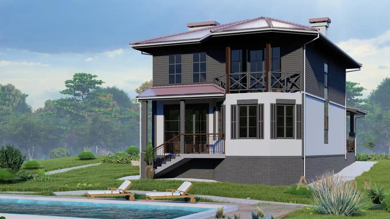 2. Проект двухэтажного дома в современном стиле с многоскатной кровлей, H-1512, площадью - 250 кв c терассой, балконом, эркером