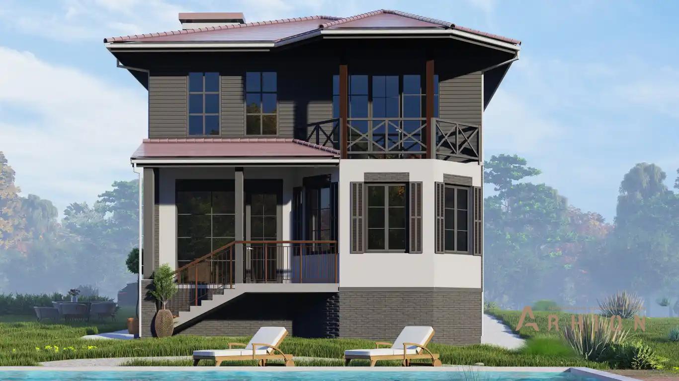 8. Проект двухэтажного дома в современном стиле с многоскатной кровлей, H-1512, площадью - 250 кв c терассой, балконом, эркером