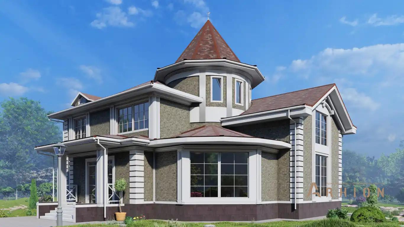 1. Проект двухэтажного дома в викторианском стиле с многоскатной кровлей, H-1513, площадью - 556 кв c цокольным этажом, терассой, балконом, вторым светом