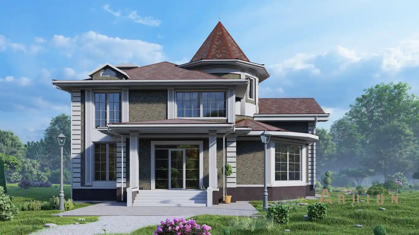 9. Проект двухэтажного дома в викторианском стиле с многоскатной кровлей, H-1513, площадью - 556 кв c цокольным этажом, терассой, балконом, вторым светом