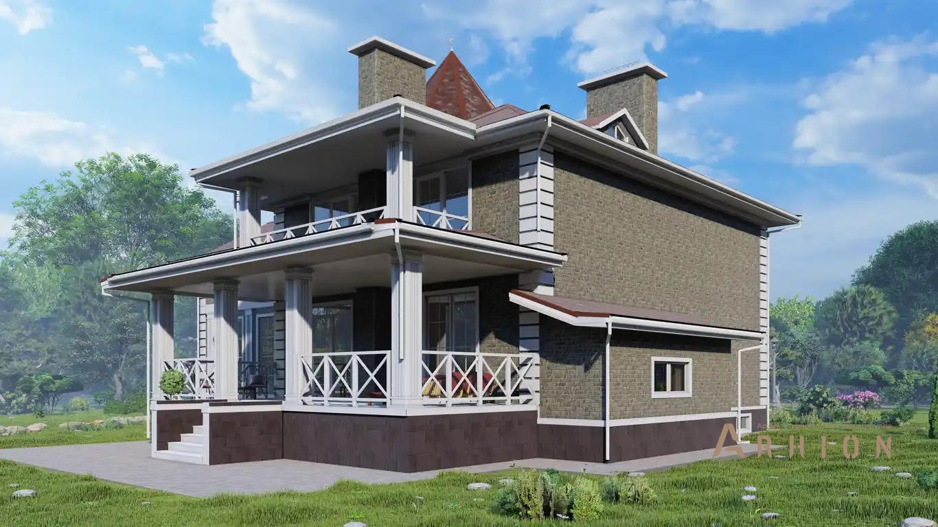 6. Проект двухэтажного дома в викторианском стиле с многоскатной кровлей, H-1513, площадью - 556 кв c цокольным этажом, терассой, балконом, вторым светом