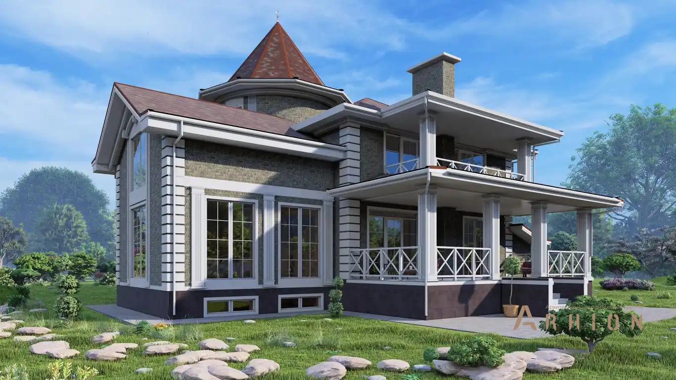 2. Проект двухэтажного дома в викторианском стиле с многоскатной кровлей, H-1513, площадью - 556 кв c цокольным этажом, терассой, балконом, вторым светом