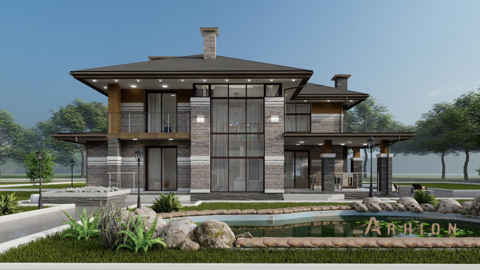 1. Проект двухэтажного дома в стиле Ллойда Райта (прерий) с многоскатной кровлей, H-1516, площадью - 466 кв c цокольным этажом, терассой, балконом, гаражом, вторым светом