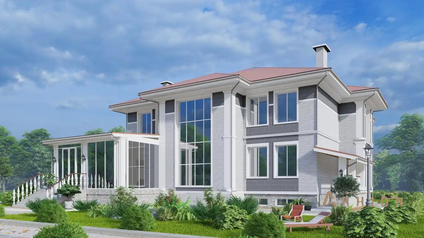 4. Проект двухэтажного дома в современном классическом стиле с многоскатной кровлей, H-1518, площадью - 801 кв c цокольным этажом, терассой, вторым светом