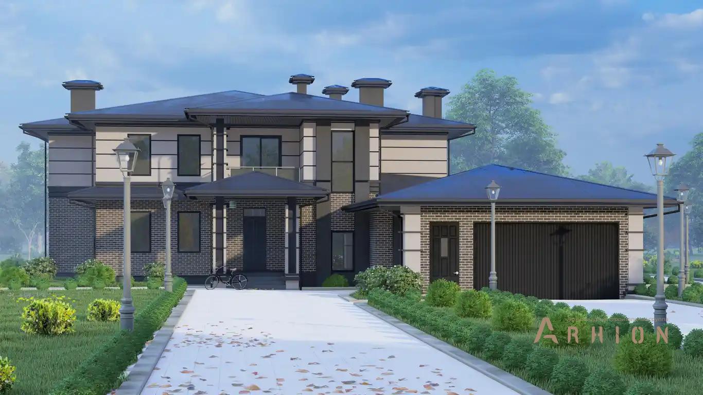 1. Проект двухэтажного дома в стиле Ллойда Райта (прерий) с многоскатной кровлей, H-1519, площадью - 538 кв c сауной, терассой, балконом, гаражом