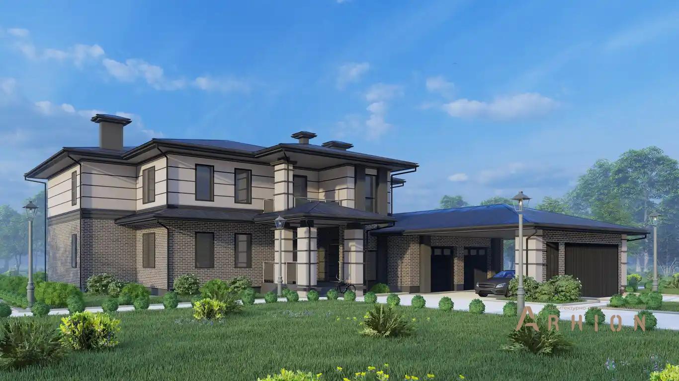 8. Проект двухэтажного дома в стиле Ллойда Райта (прерий) с многоскатной кровлей, H-1519, площадью - 538 кв c сауной, терассой, балконом, гаражом