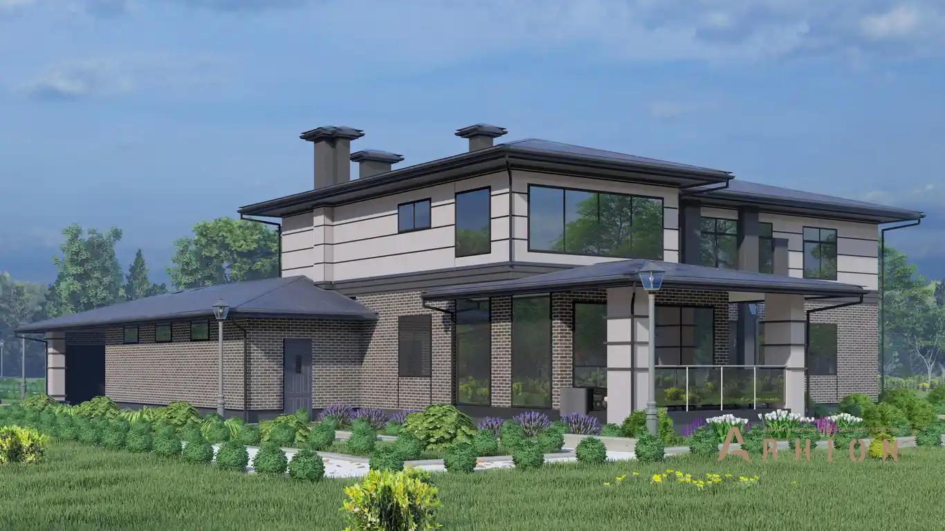 7. Проект двухэтажного дома в стиле Ллойда Райта (прерий) с многоскатной кровлей, H-1519, площадью - 538 кв c сауной, терассой, балконом, гаражом