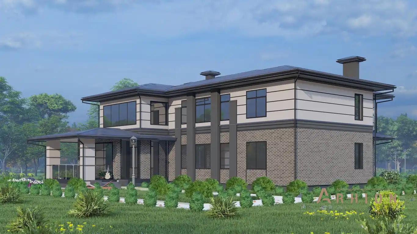 6. Проект двухэтажного дома в стиле Ллойда Райта (прерий) с многоскатной кровлей, H-1519, площадью - 538 кв c сауной, терассой, балконом, гаражом