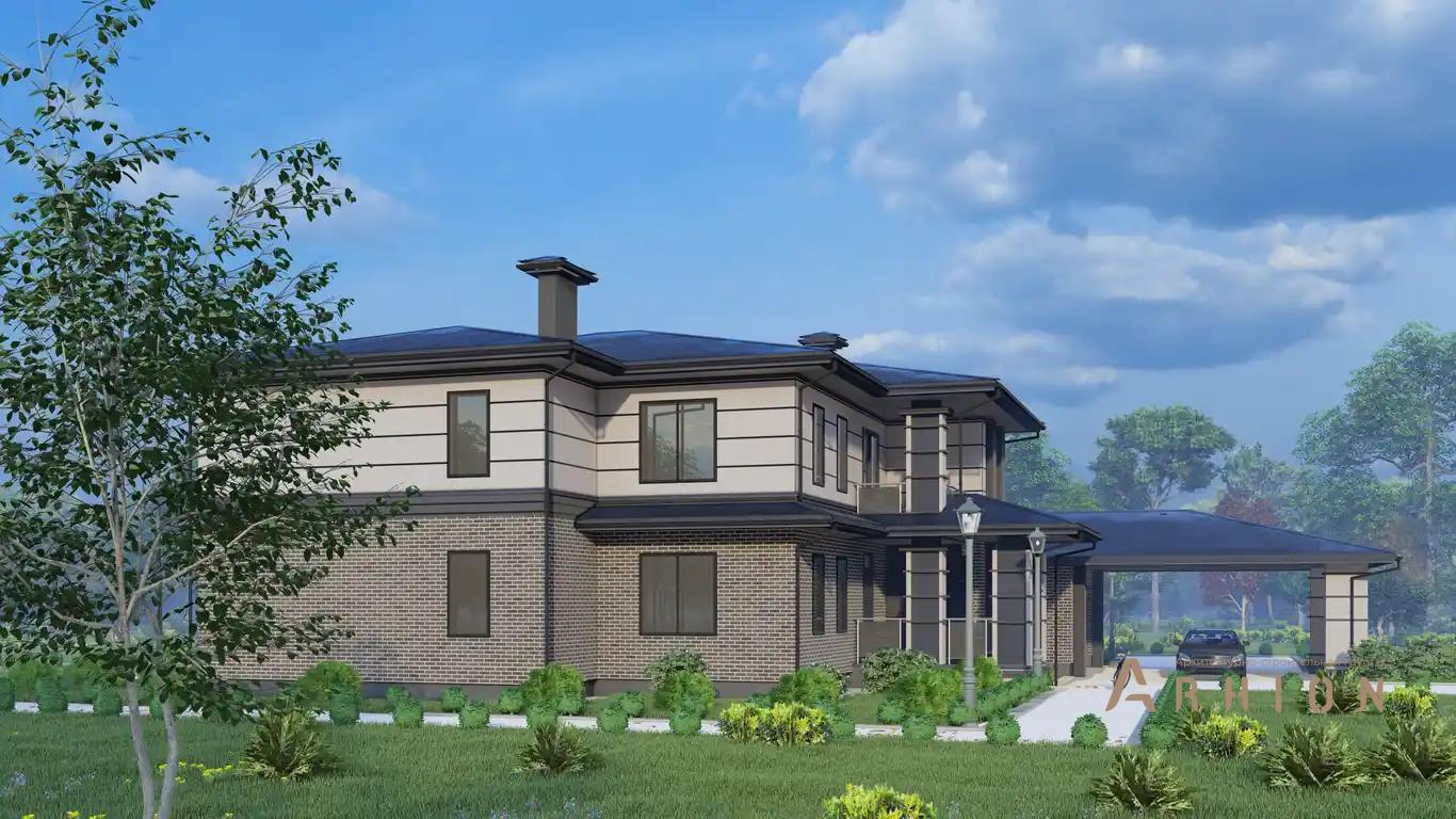 5. Проект двухэтажного дома в стиле Ллойда Райта (прерий) с многоскатной кровлей, H-1519, площадью - 538 кв c сауной, терассой, балконом, гаражом