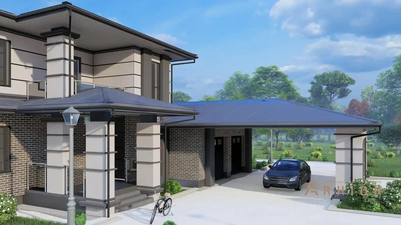 4. Проект двухэтажного дома в стиле Ллойда Райта (прерий) с многоскатной кровлей, H-1519, площадью - 538 кв c сауной, терассой, балконом, гаражом