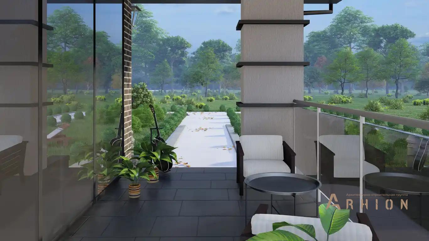 2. Проект двухэтажного дома в стиле Ллойда Райта (прерий) с многоскатной кровлей, H-1519, площадью - 538 кв c сауной, терассой, балконом, гаражом